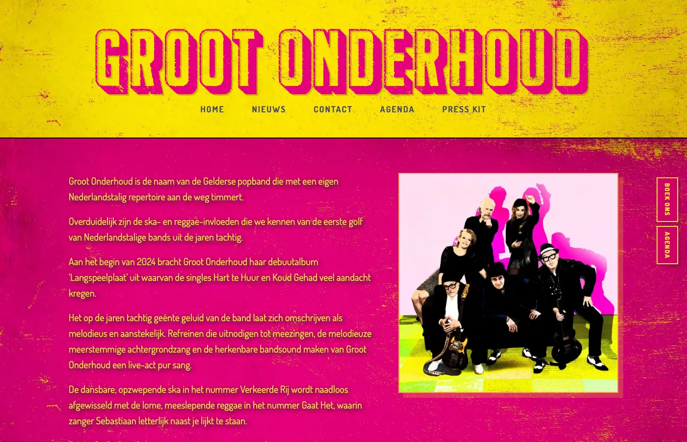 De website van Groot Onderhoud: de bandnaam in vette letters op een fel gele kop, met daaronder de biografie op een magenta vlak.