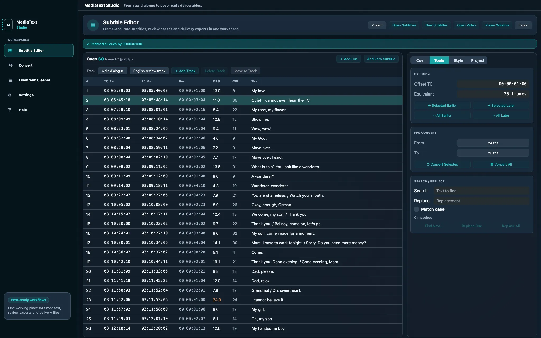 De Subtitle Editor van MediaText Studio: een cuetabel met per regel de timecode in en uit, de duur, en het aantal tekens per seconde en per regel, met rechts een paneel voor retiming en framerate-conversie.