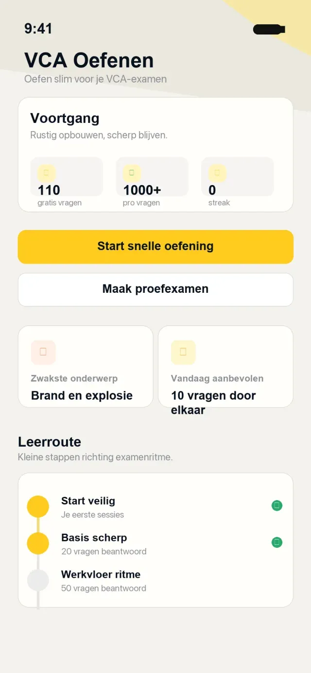 Schermafbeelding van VCA Oefenen: oefenen voor basis-vca, vol-vca en vil-vcu.