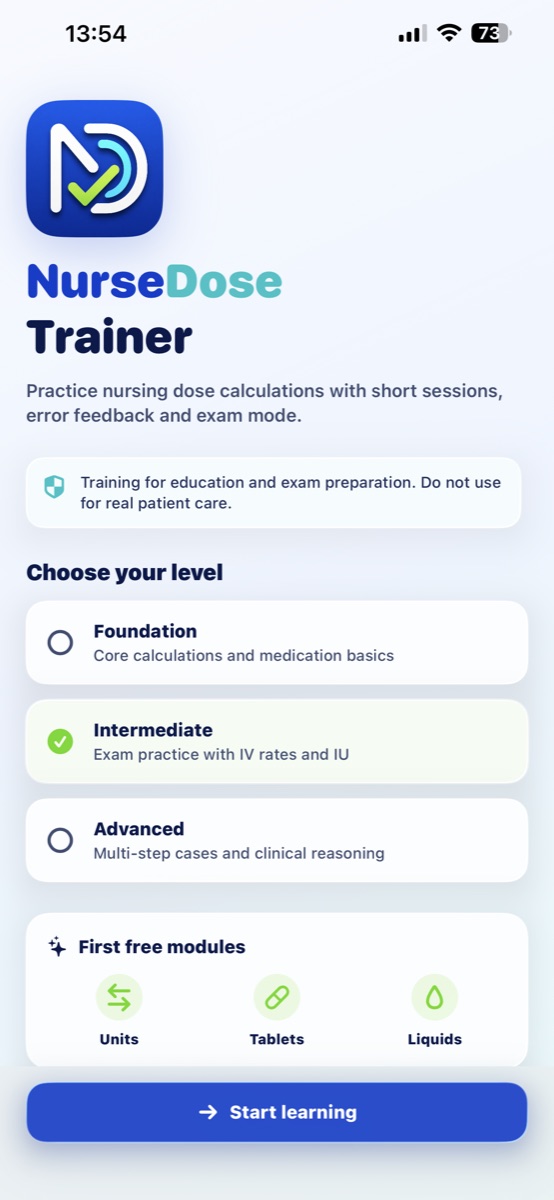 NurseDose Trainer app screen with learning levels and first free modules