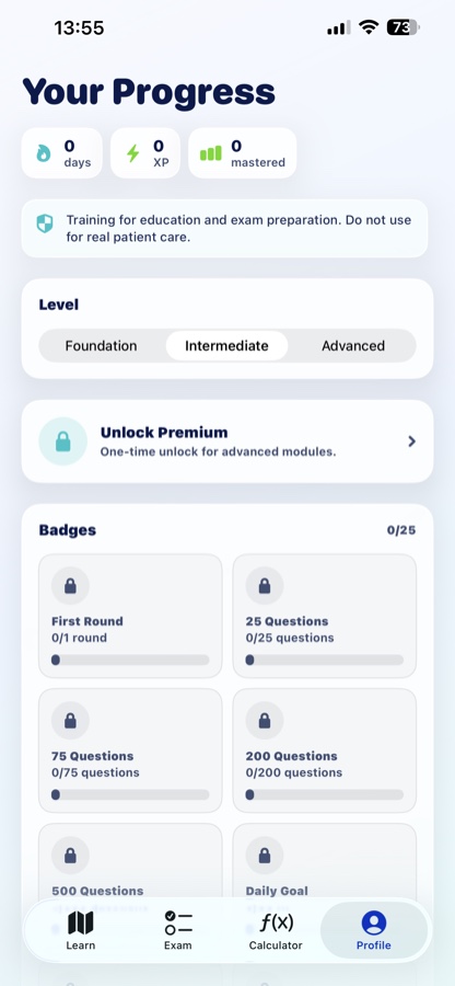 NurseDose Trainer progress screen