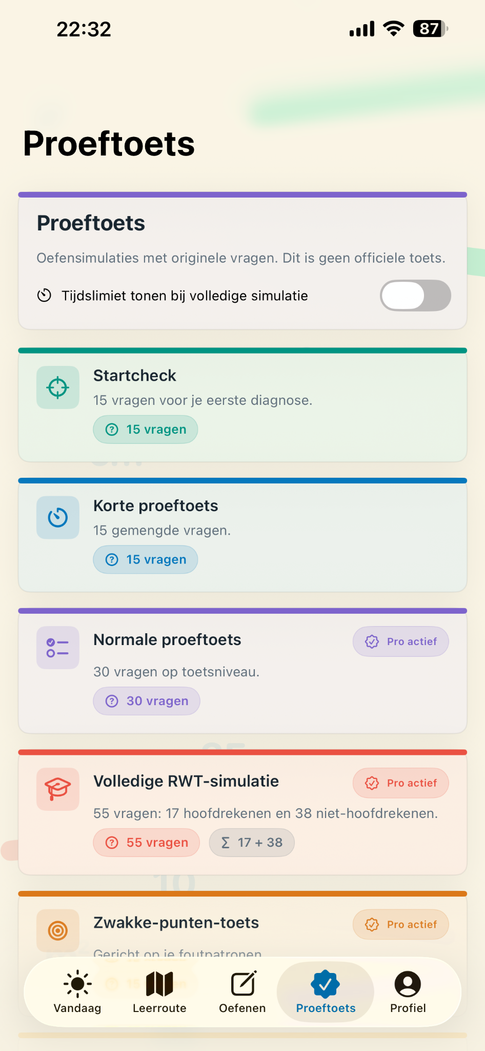Proeftoetsen-overzicht met korte toetsen en RWT-simulatie