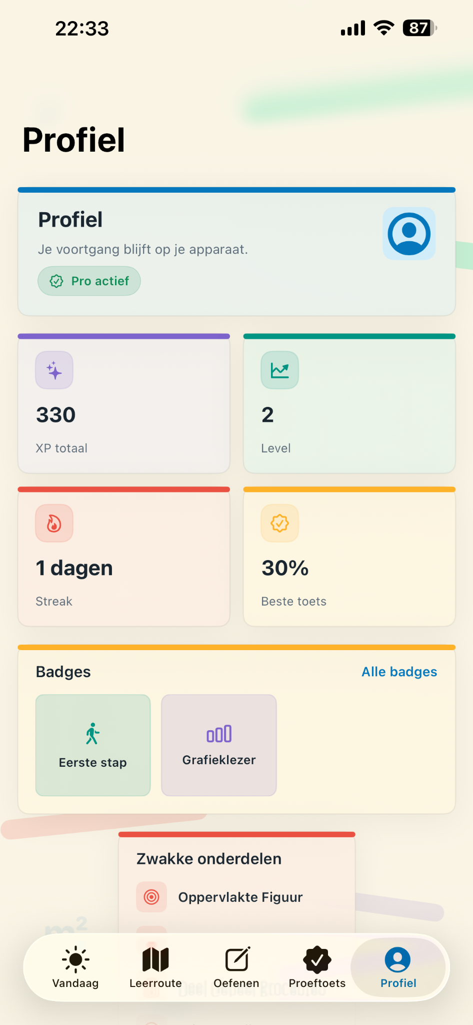 Profiel-scherm met XP, badges en lokale voortgang